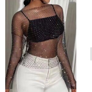 Xpluswear Black Sparkle See Through Mesh Fishnet Long Sleeve Top Size 5X NWT
